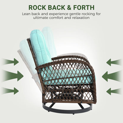 3 Piece Patio Swivel Rocker Chairs Set, 2 360-Degree Swivel Rocking Chairs with 1 Glass Top Table, PE Rattan Outdoor Bistro Set with Cushions for Balcony Deck Poolside Backyard Porch