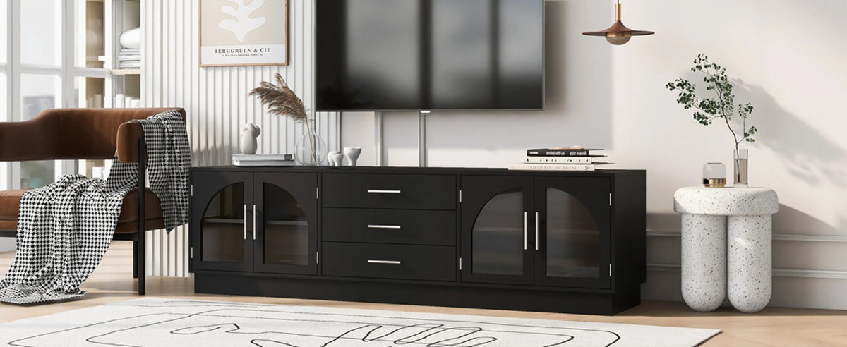 Euroco Modern TV Stand with Arched Glass Doors, Drawers & Adjustable Shelves for TVs up to 75 Inches