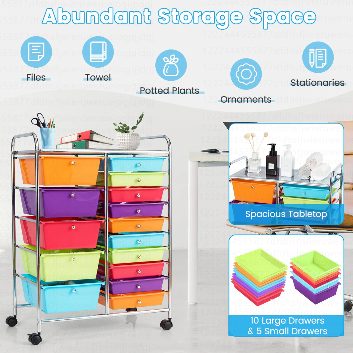 Costway 15 Drawer Rolling Storage Cart Tools Scrapbook Paper Office School Organizer White