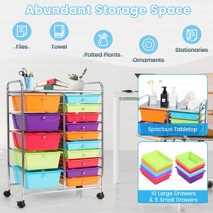 Costway 15 Drawer Rolling Storage Cart Tools Scrapbook Paper Office School Organizer White