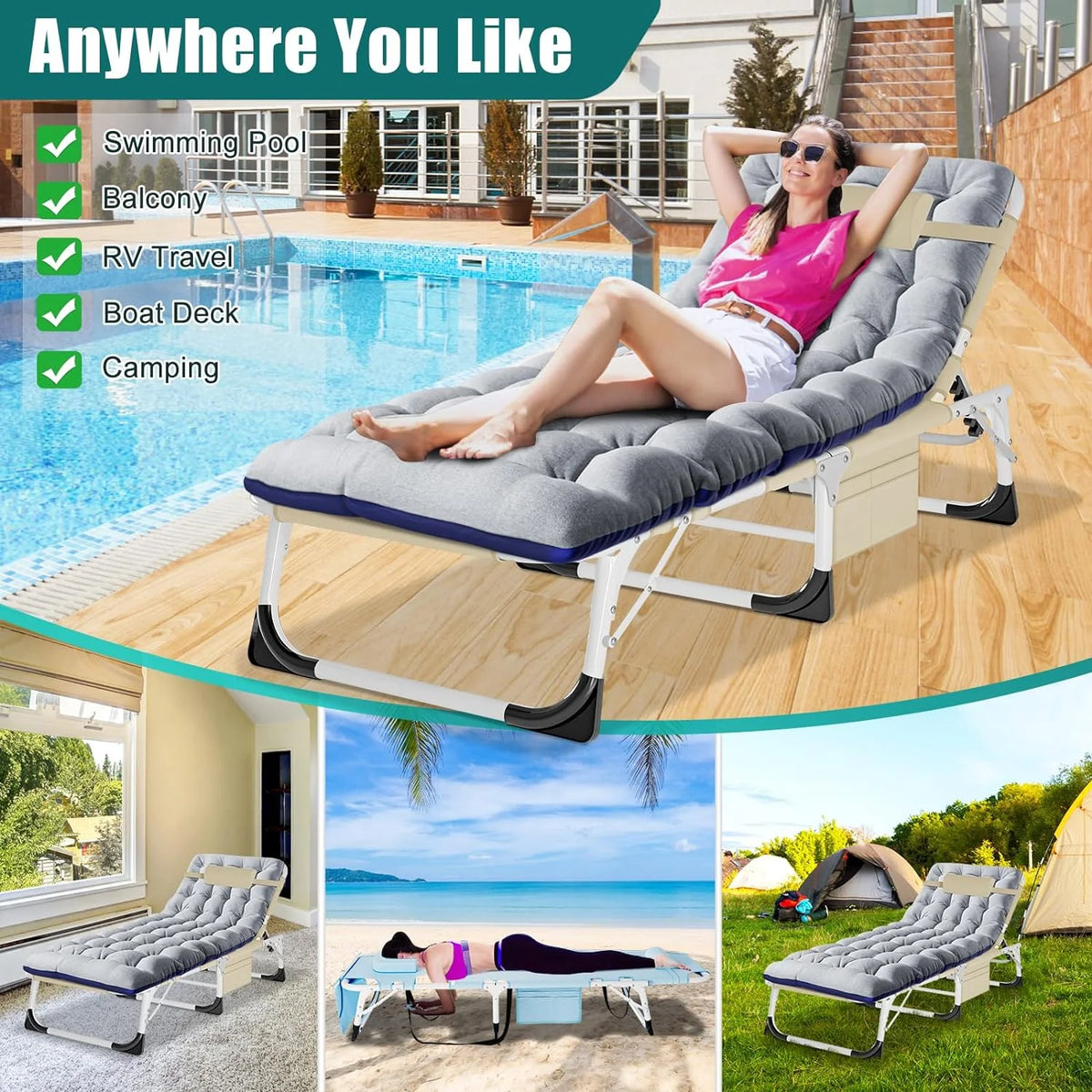 Slsy Folding Lounge Chair, 5-Position Adjustable Outdoor Reclining Chair, Folding Sleeping Bed Cot, Folding Chaise Lounge Chair for Pool Beach Patio Sunbathing