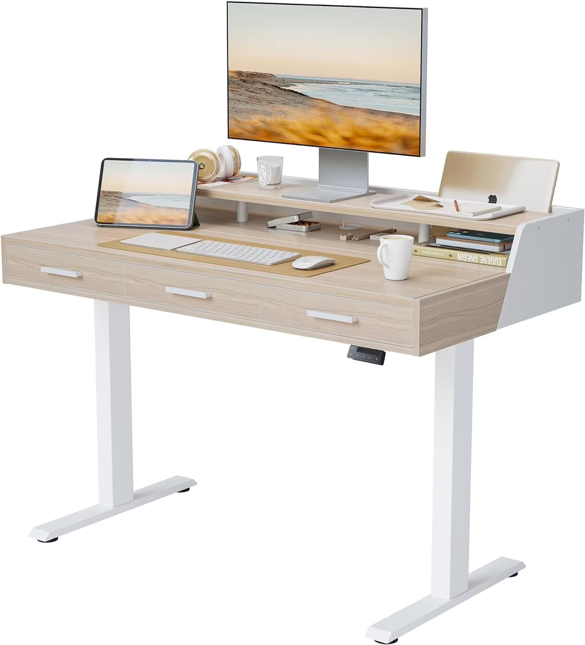 FEZIBO Electric Standing Desk with 3 Drawers & Monitor Shelves, 48 x 26 inches Sit Stand Home Office Desk, Rustic Brown
