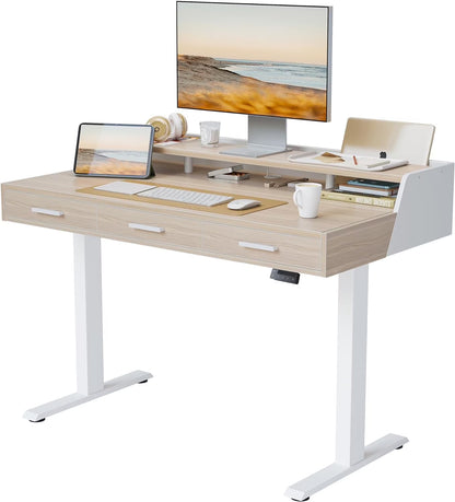 FEZIBO Electric Standing Desk with 3 Drawers & Monitor Shelves, 48 x 26 inches Sit Stand Home Office Desk, Rustic Brown
