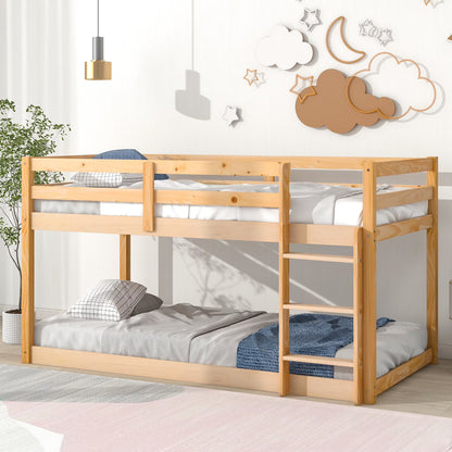 Twin Over Twin Floor Bunk Bed, UHOMEPRO Solid Wood Low Bunk Bed with Safety Rail, Ladder, Heavy Duty Bunk Beds, Space-Saving Bedroom Dorm Furniture, Gray
