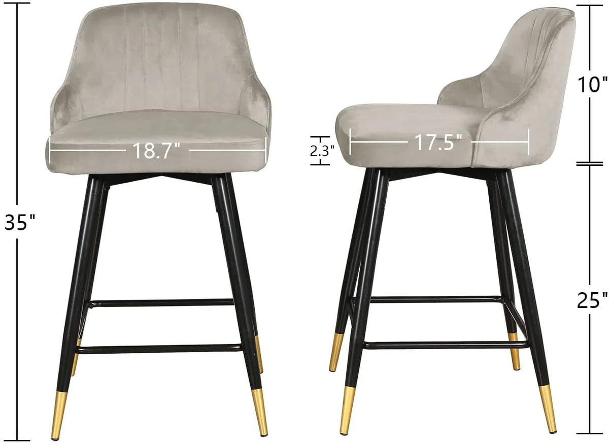 EiweLive 25'' Swivel Bar Stools with Back Set of 4, Gray Velvet Counter Height Stools for Kitchen Island, Pub