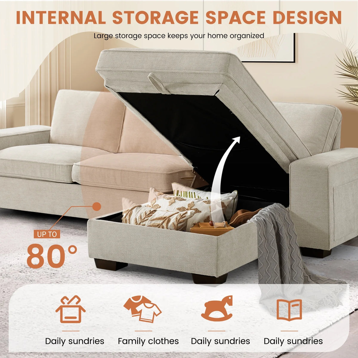 ASHOMELI 99'' Convertible Sectional Sofa,L Shaped Couch,Multi-Functional Reversible Sofa with USB and Type-C Charging Ports, Storage Space, Breathable Fabric