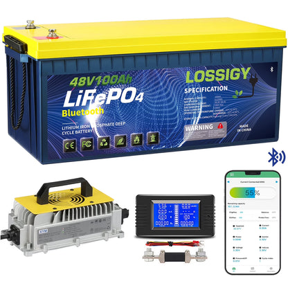 LOSSIGY 48V 100AH LiFePO4 Lithium Golf Cart Battery with 48V18A Charger, Perfect for Solar System, Marine, 5120Wh 5000+ Deep Cycles, Built in BMS with 10 Yrs Lifespan