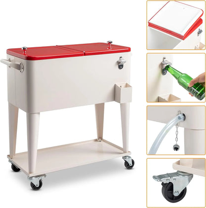 80 Quart Rolling Ice Chest, Portable Bar Drink Cooler with Catch Basin, Bottom Storage Tray and Bottle Opener for Patio Party BBQ Beach Activities