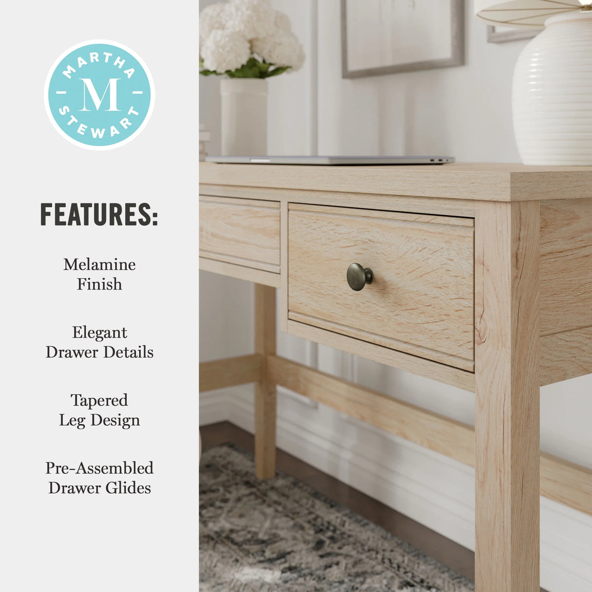 Martha Stewart Home Office Writing Desk with Tapered Legs in Light Natural with Antique Bronze Hardware