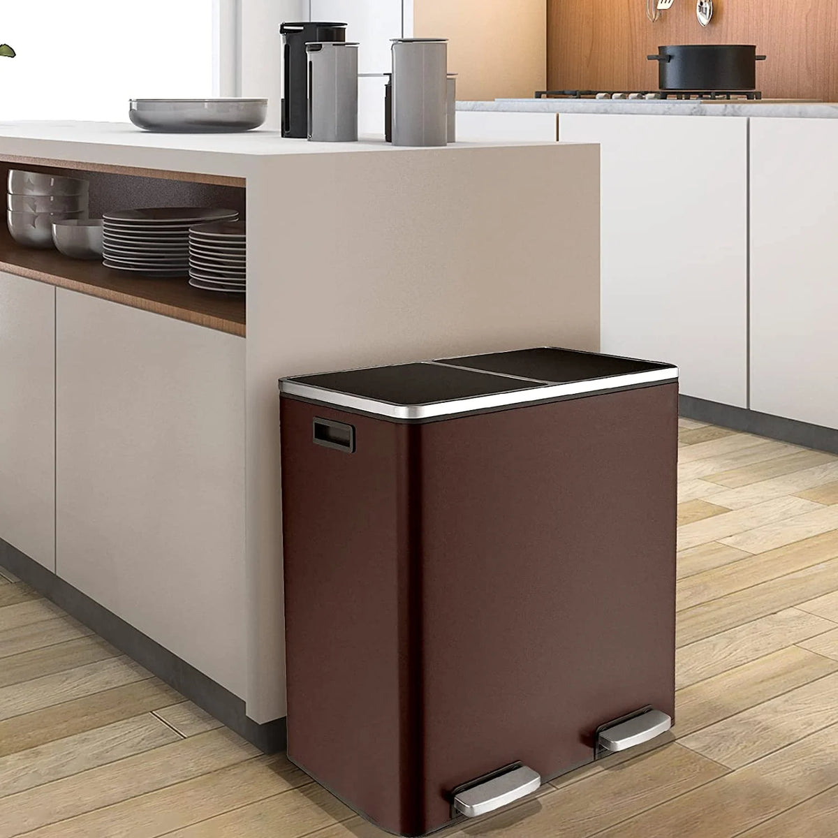 Arlopu 60 L/16 gal Dual Trash Can, Stainless Steel Garbage Can for Kitchen, Recycle Bin with Lid