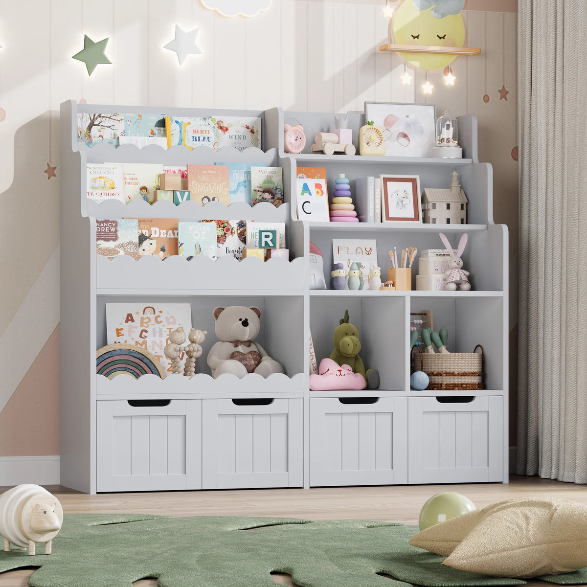 Hiphuta 47"Wide Large Kids Bookcase, Wood Bookshelf Toy Storage Organizer with Book Rack & Movable Boxes, White Bookshelf for Kids Room
