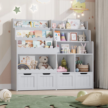Hiphuta 47"Wide Large Kids Bookcase, Wood Bookshelf Toy Storage Organizer with Book Rack & Movable Boxes, White Bookshelf for Kids Room