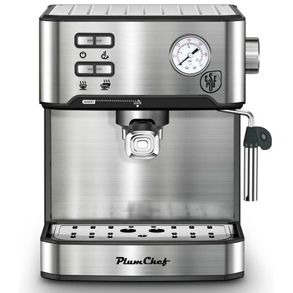 Plum Chef Espresso Machine, 20 Bar Coffee Maker with Foaming Milk Frother Wand, Espresso & Cappuccino Latte Maker Coffee Machine, 850W, 1.6L Removable Water Tank, Black&Silver