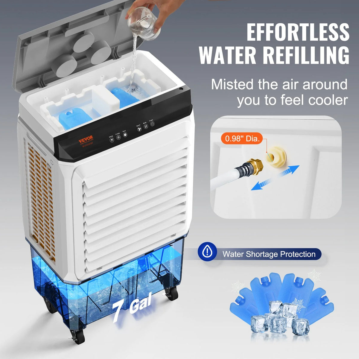 VEVOR Evaporative Air Cooler, 2100 CFM, 135�� Oscillating Swamp Cooler with Adjustable 3 Speeds and 12 H Timer, 7 Gal Portable Air Cooler for 750 Sq.ft, Indoor/Outdoor Use