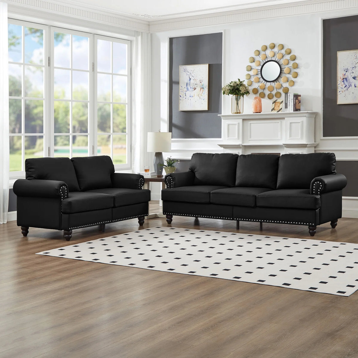 2 Piece Living Room Sofa Set, Modern Leather 3 Seater and Loveseat Sofa with Storage Seats and Rolled Nails Arms for Living Room, Brown