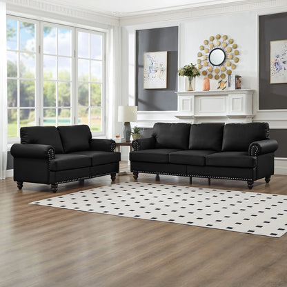2 Piece Living Room Sofa Set, Modern Leather 3 Seater and Loveseat Sofa with Storage Seats and Rolled Nails Arms for Living Room, Brown