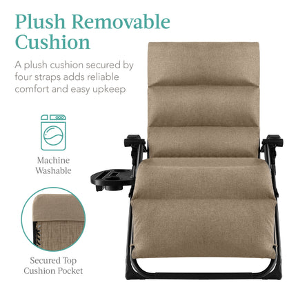 Best Choice Products Oversized Zero Gravity Chair, Folding Recliner w/ Removable Cushion, Side Tray - Fossil Gray