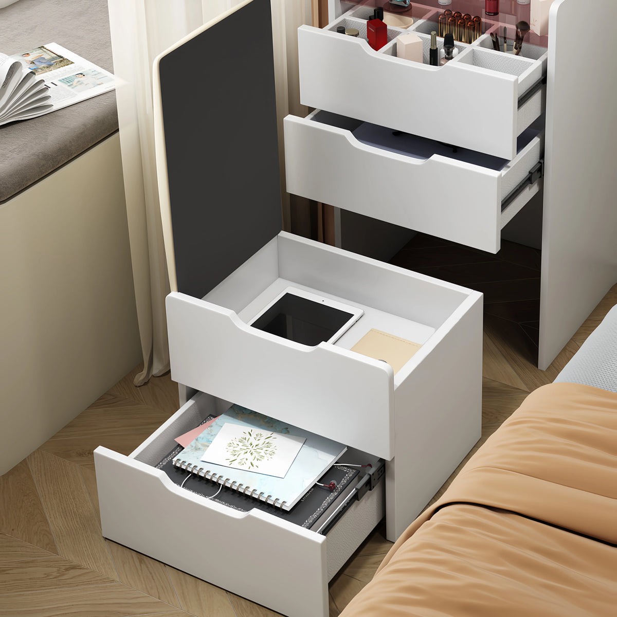 Miniyam Vanity Desk with Lighted Flip Mirror, Drawers & Stool, Makeup Table for Adults, Walnut