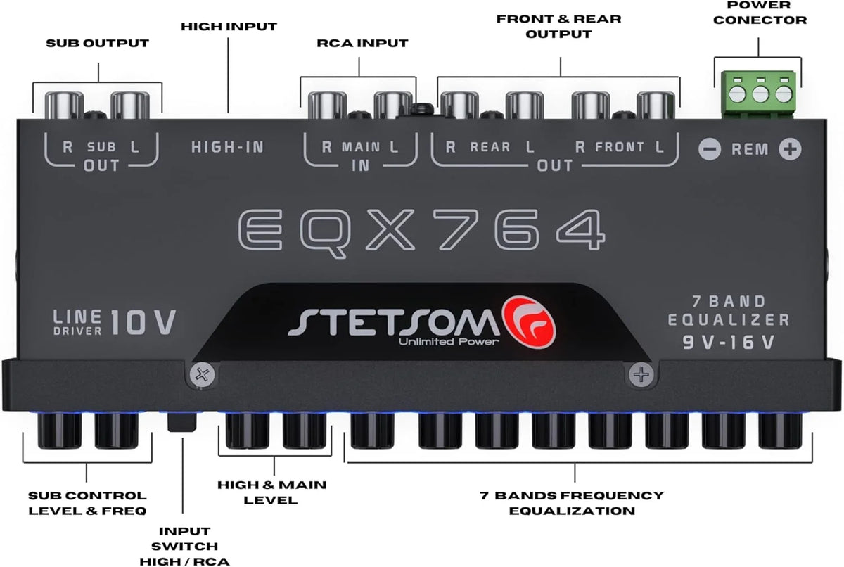 EQX764 7 Band Equalizer, Pre-Amp Car Audio Graphic Equalizer with 4 Inputs (RCA & High) 6 Outputs, 10v Line Driver to Avoid Noise and Dedicated Sub Controls (Level & Frequency)