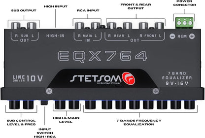 EQX764 7 Band Equalizer, Pre-Amp Car Audio Graphic Equalizer with 4 Inputs (RCA & High) 6 Outputs, 10v Line Driver to Avoid Noise and Dedicated Sub Controls (Level & Frequency)