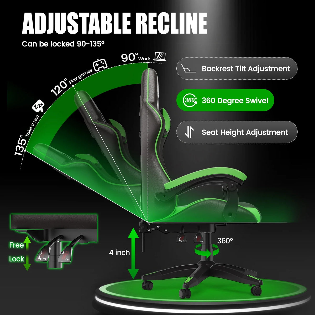 Bigzzia Gaming Chair Office Chair, Ergonomic Game Chair with Height Adjustable Headrest and Lumbar Support for Adults Teens, Black & White