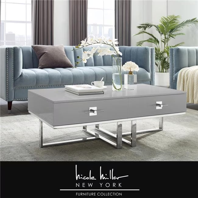 Posh Living Mano 2-Drawers Stainless Steel Base Coffee Table - Light Gray/Chrome