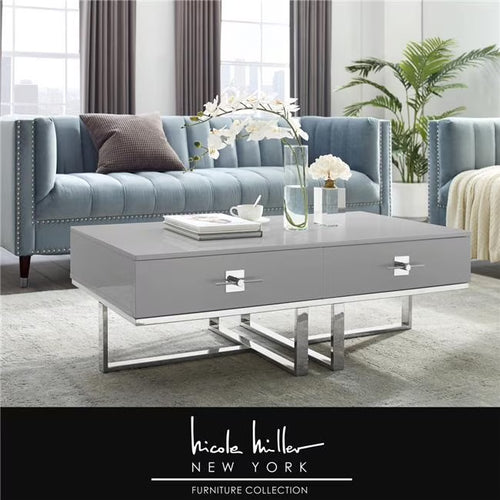 Posh Living Mano 2-Drawers Stainless Steel Base Coffee Table - Light Gray/Chrome