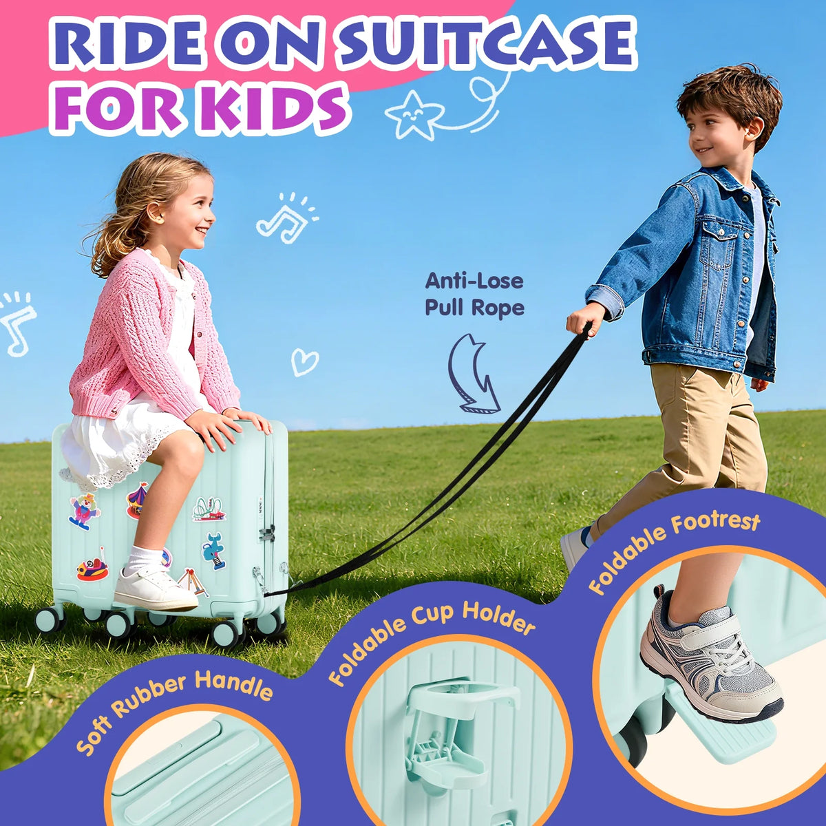 Advwin Ride-On Kids Luggage with Pull Strap, Footrests, Cup Holder, 6 Wheels & Adjustable Handle, 18-Inch Spinner Suitcase with Stickers & Boarding Pass, Pink