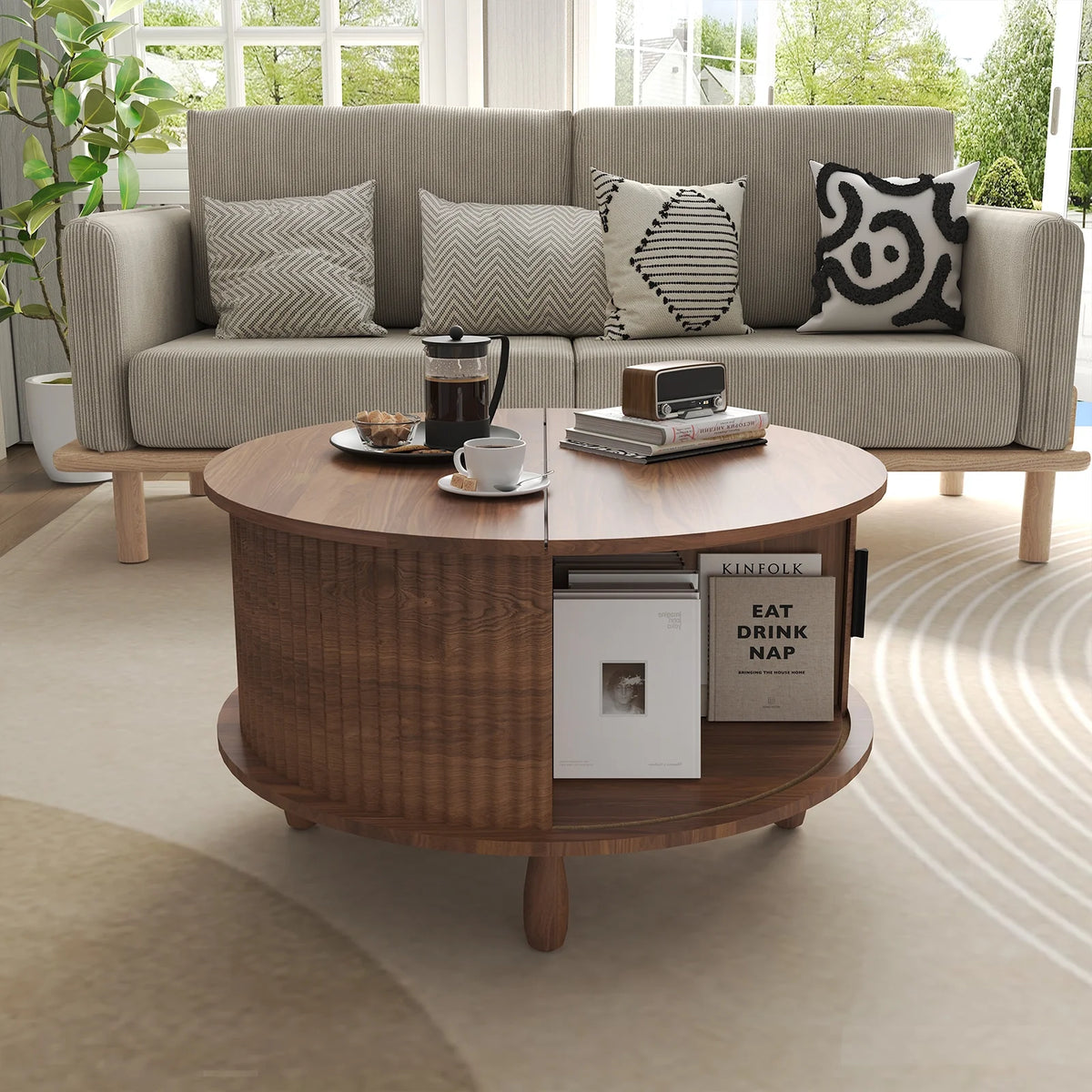 RUMLIVE Round Coffee Table with Storage, 30.7" Modern Coffee Table with 360�� Curved Sliding Door, Fluted Wood Coffee Table with Footpads, Round Center Table for Living Room, Black