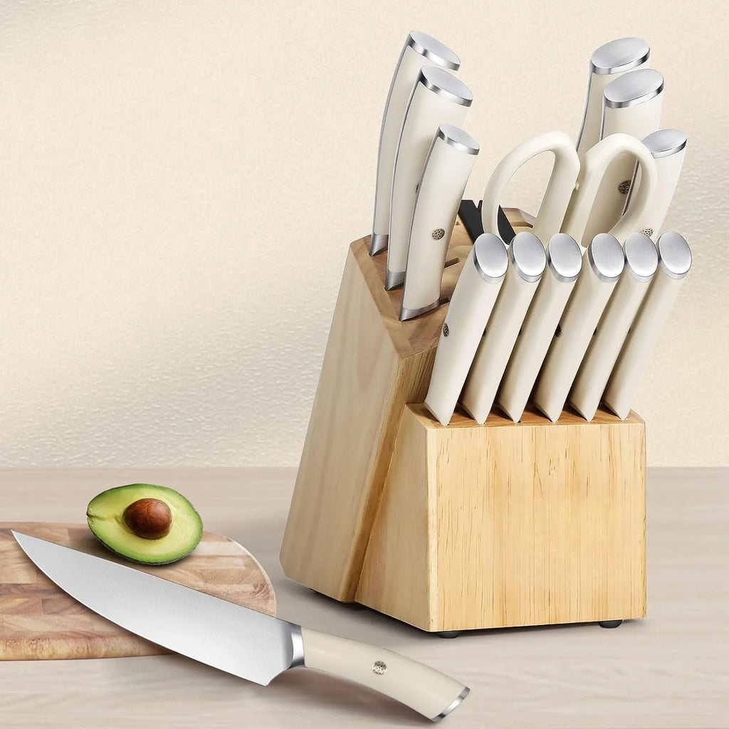 Ivory Knife Block Set (15-PCS) �C High Carbon Stainless Steel, Built-in Sharpener, Forged Chef Blades