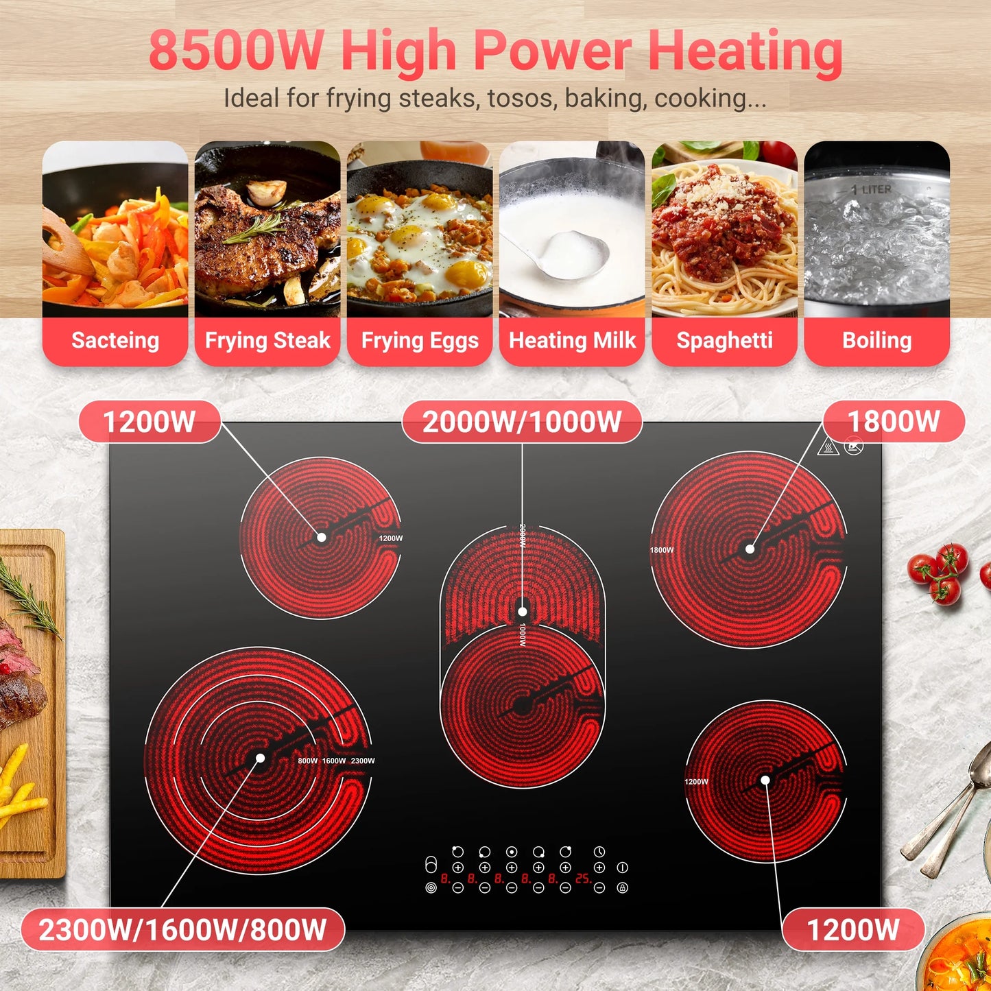 Sunmaki 30 Inch Electric Stove Cooktop 8500W Built-in Electric Stove Cooktop with 5 Burners, Sensor Touch Control Safety Lock,220-240v, Hard Wire, No Plug