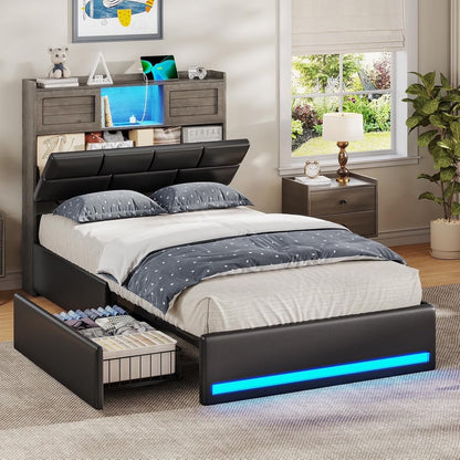 Twin Bed Frame with Bookcase Headboard and Storage, Barn Doors Twin Size Upholstered Beds with 4 Under Bed Storage Drawers & Charging Station & LED Lights, Grey