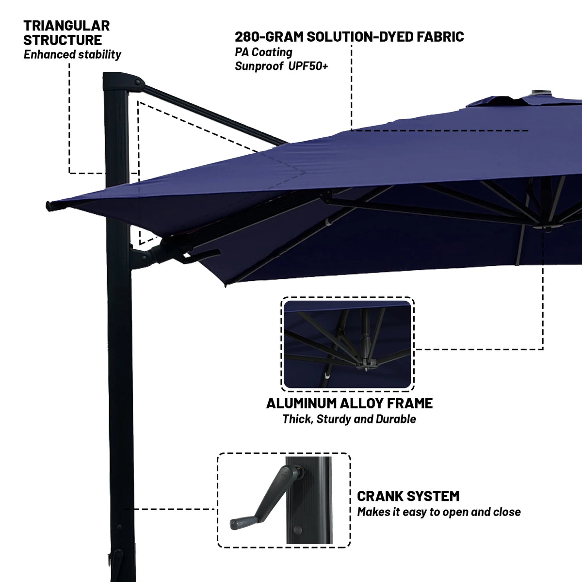 Boyel Living 10 x 13 FT Cantilever Patio Umbrella, Outdoor Rectangle Offset Umbrella with 360°Rotation, Heavy Duty Patio Hanging Umbrella with Base for Garden Pool Backyard, Navy Blue