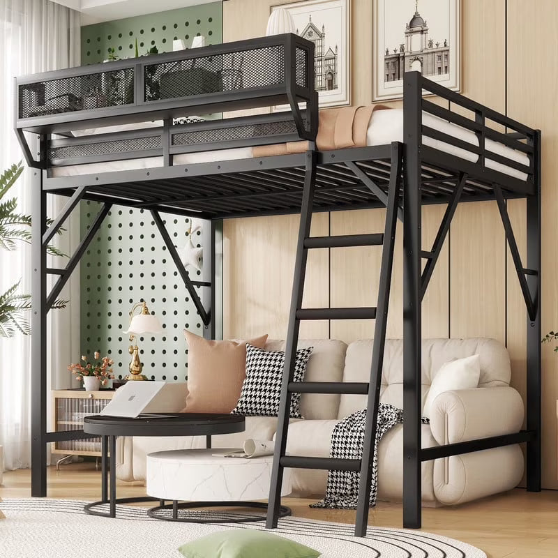 Duxelifin Queen Size Metal Loft Bed Frame, Heavy Duty Steel High Loft Bed with Storage Shelves & Ladder, Space-Saving Loft Bed for Apartments, Adults, Teens & Juniors (Black)