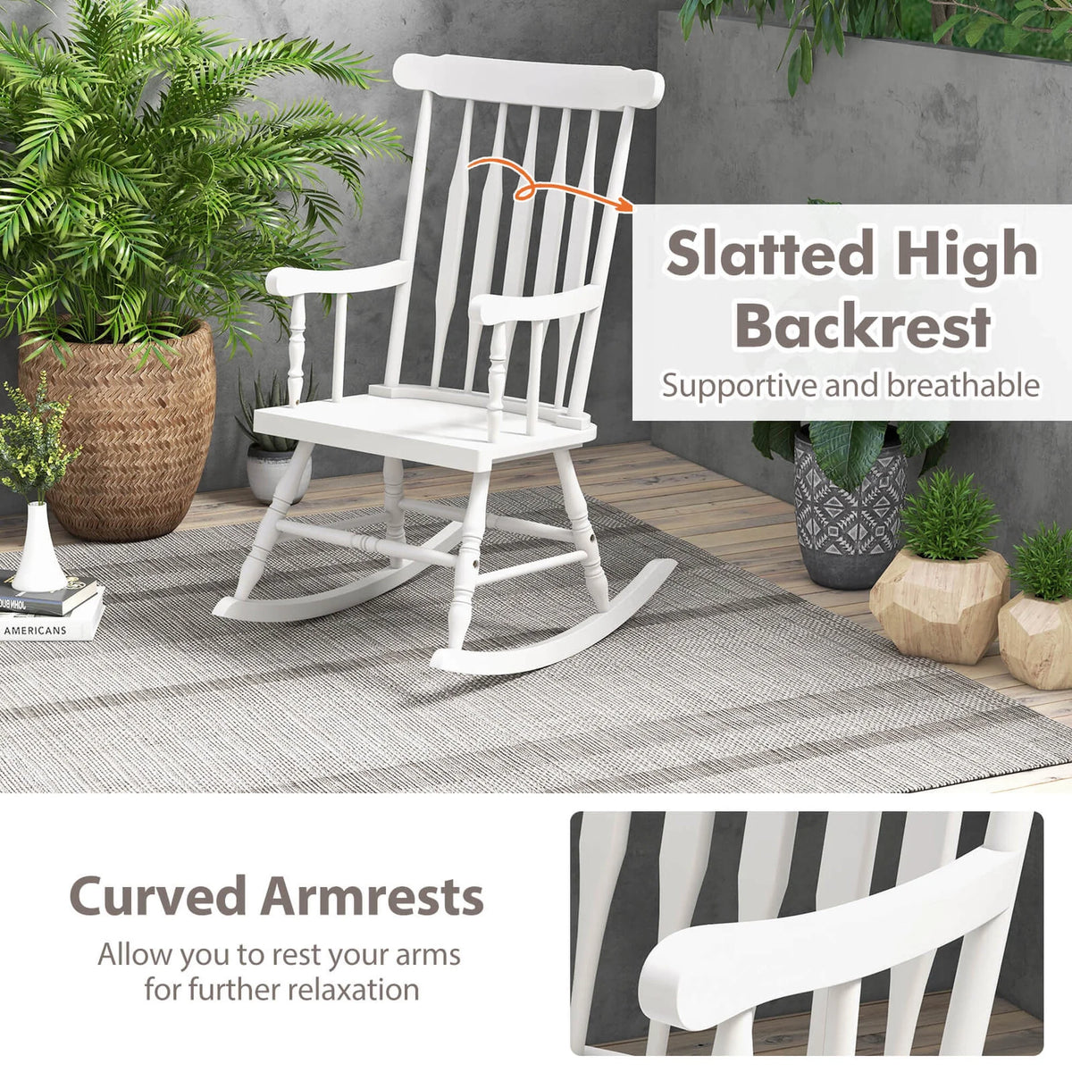 Costway Solid Wood Rocking Chair Porch Rocker Indoor Outdoor Seat Glossy Finish White