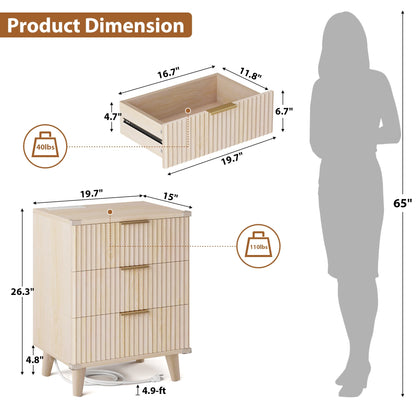 GIKPAL Bedroom Dresser and Nightstand 3 Piece Set - Includes Boho Double 6 Drawer Storage Dresser, Nightstand Set of 2 with Charging Station, Modern Bedroom Set, Natural