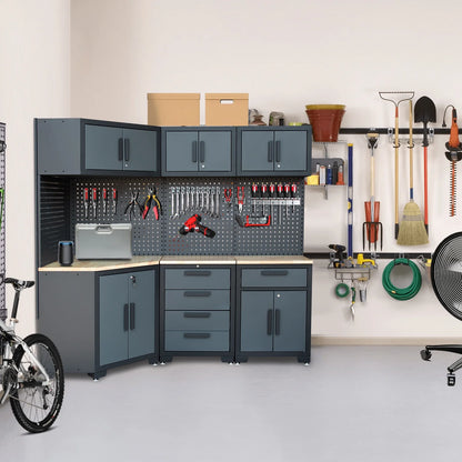 HPDMC Garage Storage Cabinet System 7-Pcs Workshop Set Metal Garage Cabinets System with Steel Cabinet Drawers, Workbench, Pegboard for Garage Tool Organization