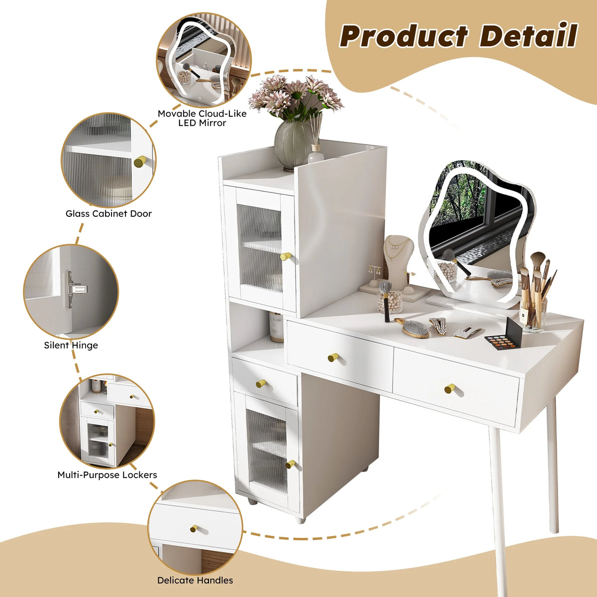 Montary Modern Mini Vanity w/Adjustable LED Mirror + Hidden Storage, Padded Stool & Dustproof Shelves (White)
