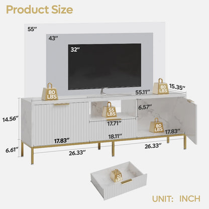 Bestier 55" LED TV Stand for TVs up to 60" Modern High Gloss Entertainment Center with Drawers Cabinets Fluted TV Console, White & Gold
