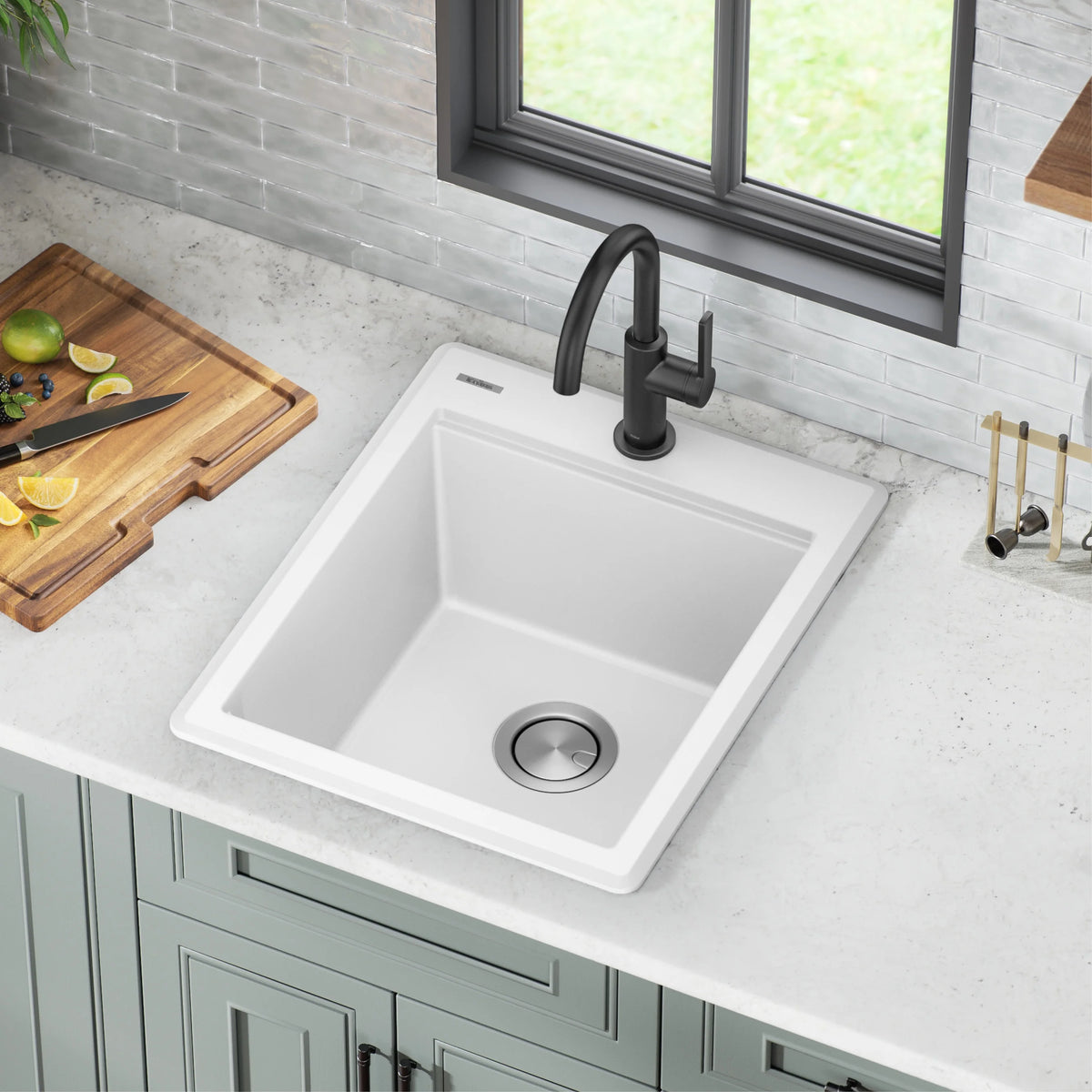 KRAUS Bellucci 18 Granite Composite Workstation Drop-In Top Mount Single Bowl Kitchen Bar Sink in White with Accessories