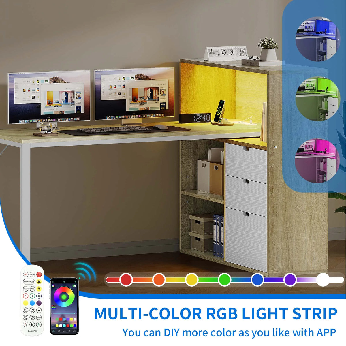 Dextrus L Shaped Desk with Power Outlets & LED Lights, Computer Desk with 3 Drawers and 3 Storage Shelves, White Office Desk Corner Desk for Home Office