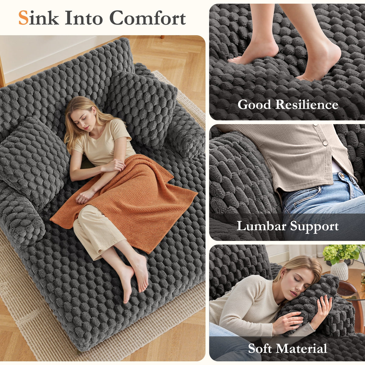 ATHOPE 53"W Oversized Chaise Lounge Chair Indoor, Corduroy Couch Chair with Pillows, Comfy Reading Chairs with Wide Arms, Upholstered Sleeper Sofa for Living Room, No Assembly Required, Gray