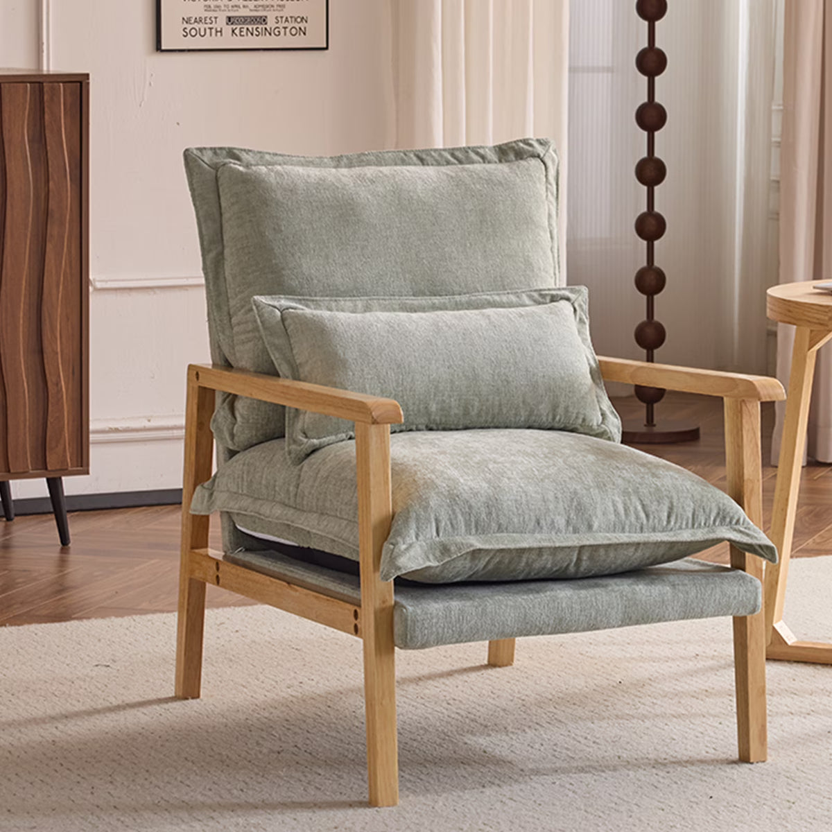 Ktaxon Chenille Accent Chair, Solid Wood Armrests Armchair, Metal Frame for Stability, Single Sofa with Comfortable Cushions and Lumbar Pillow Beige