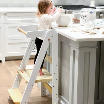HARPPA Foldable Toddler Kitchen Tower, Standing Tower for Kids Age 1.5-6 Years, White