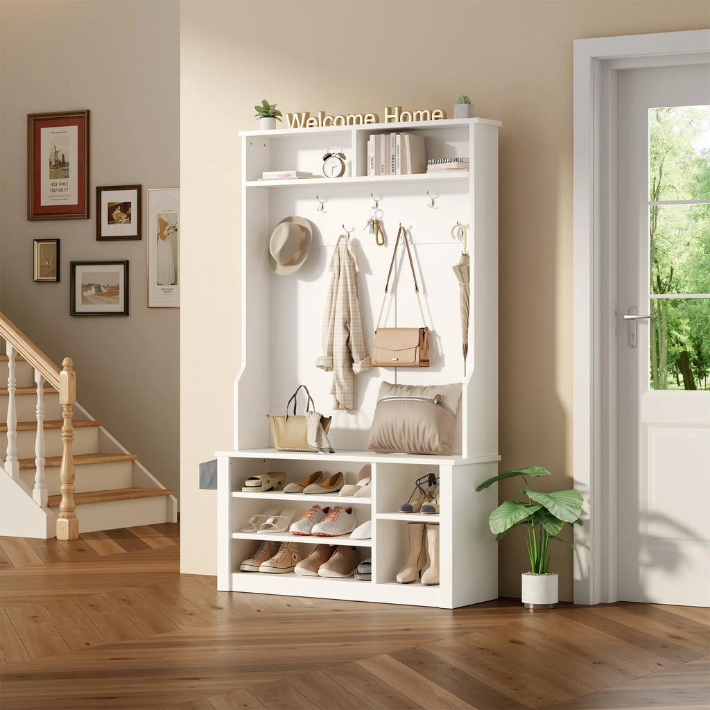 Lofka 5-in-1 Hall Tree with Bench and Shoe Storage, Entryway Hall Tree with Coat Rack, Adjustable Shoe Storage, 2-tier top storage,White