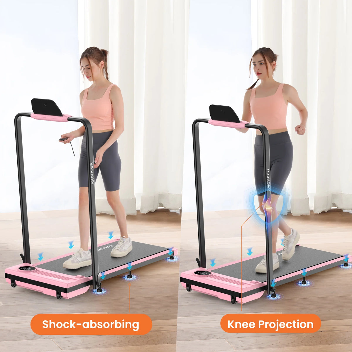 ANCHEER Portable Folding Walking Pad 300lb, 7.5 MPH Under Desk Treadmill with Remote Control & LED Display,2 in 1 Walking Pad Treadmill for Home/Office/Exercise(Pink)