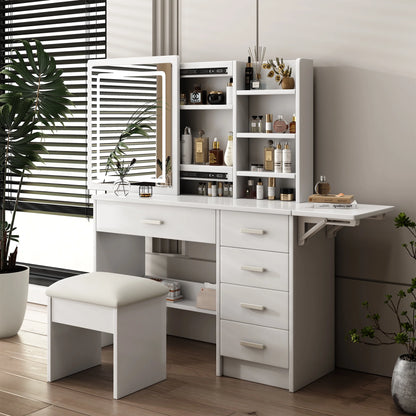 Montary Modern Mini Vanity w/Adjustable LED Mirror + Hidden Storage, Padded Stool & Dustproof Shelves (White)