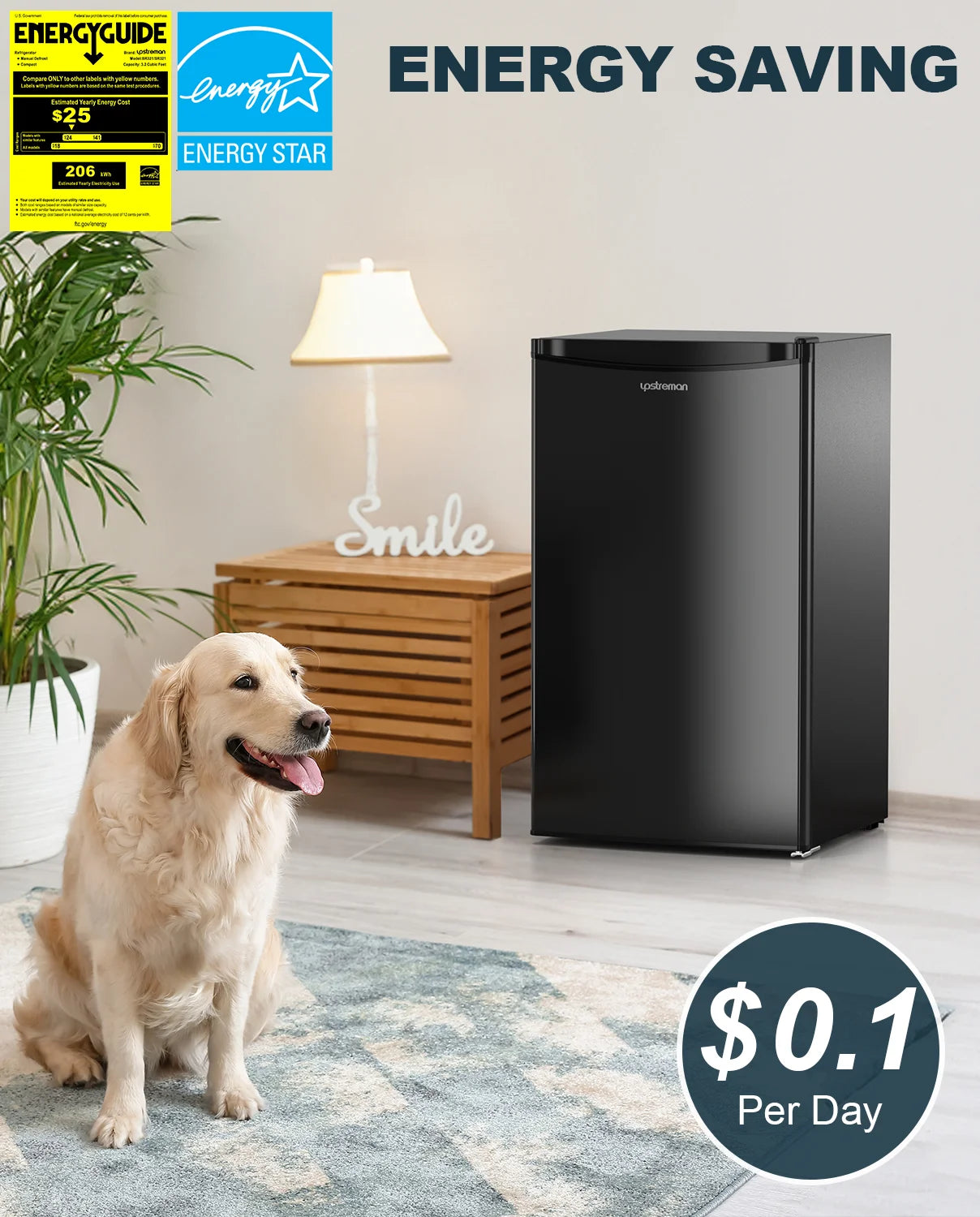 Upstreman 3.2 Cu.Ft. Mini Fridge with Freezer Single Door Small Refrigerator Adjustable Thermostat Compact Fridge with Reversible Door, Low Noise, BR321 Black