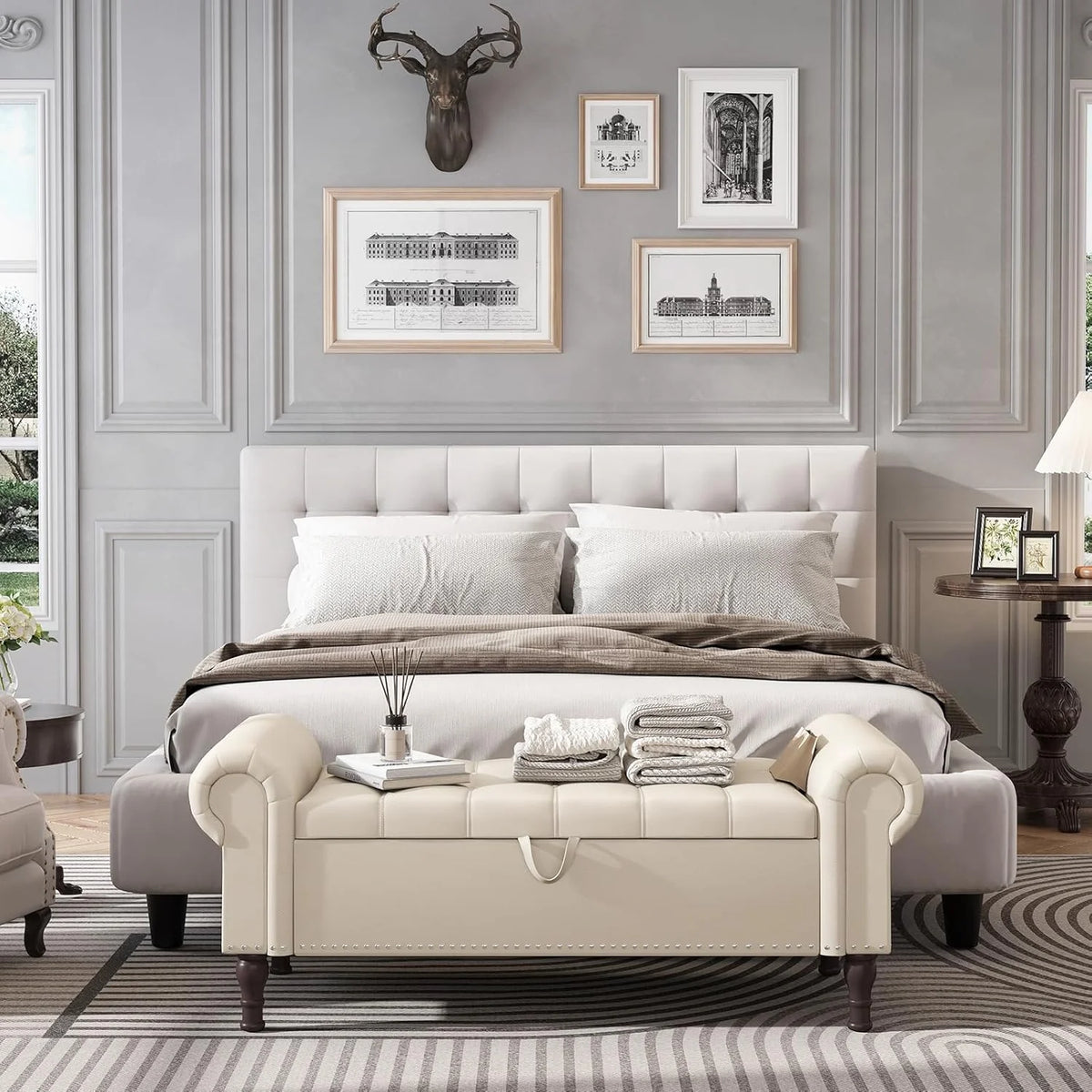 YOUDENOVA Storage Ottoman Bench for Bedroom 51" Queen Leather Storage Bench with Button, Upholstered Bedroom Bench with Rolled Arms for Living Room, Storage Room, Entryway, Gray