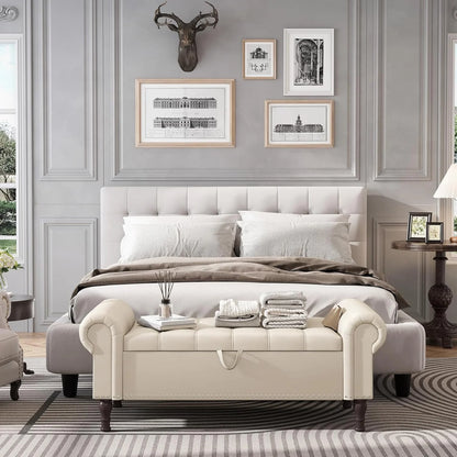 YOUDENOVA Storage Ottoman Bench for Bedroom 51" Queen Leather Storage Bench with Button, Upholstered Bedroom Bench with Rolled Arms for Living Room, Storage Room, Entryway, Gray